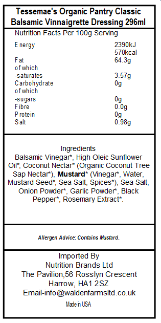 Tessemae's Organic Pantry Classic Balsamic Vinnaigrette Dressing 296ml